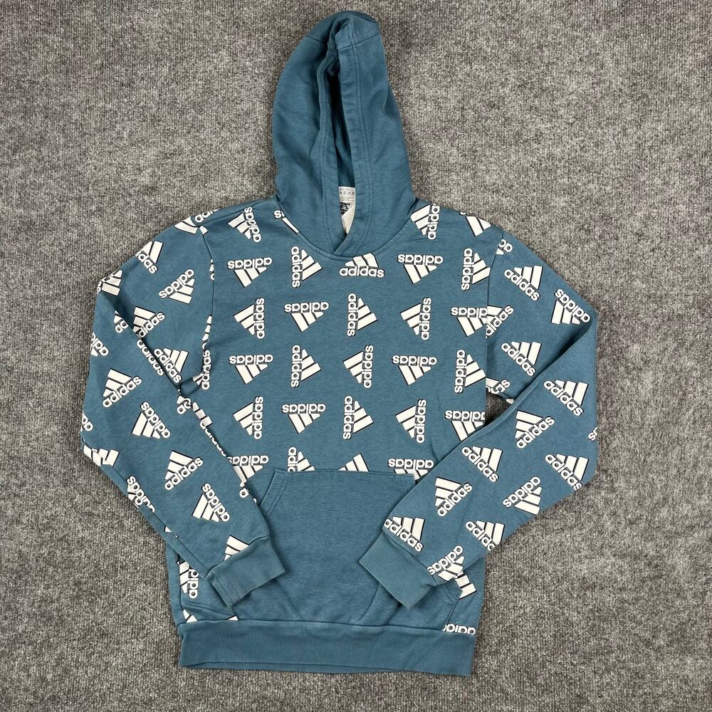 Adidas Hoodie Mens Size S Blue All Over Logo Print Pullover Streetwear